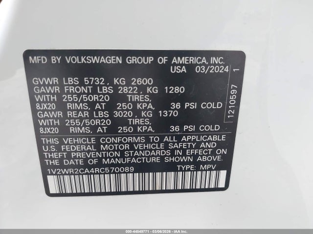Продаж на аукціоні авто 2024 Volkswagen Atlas 2.0t Se W/technology, vin: 1V2WR2CA4RC570089, номер лоту: 44549771
