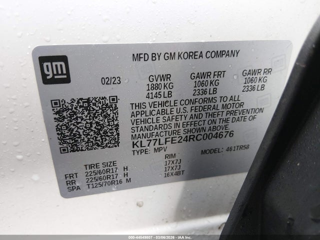 2024 Chevrolet Trax Fwd Sp მანქანა იყიდება აუქციონზე, vin: KL77LFE24RC004676, აუქციონის ნომერი: 44549807