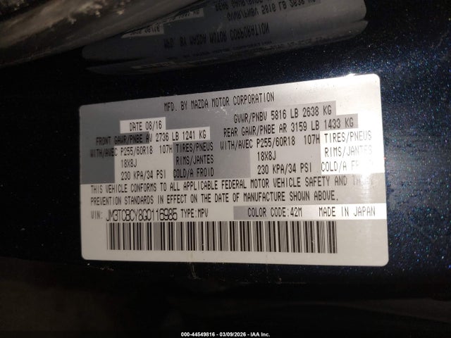44549816 :رقم المزاد ، JM3TCBCY8G0116985 vin ، 2016 Mazda Cx-9 Touring مزاد بيع