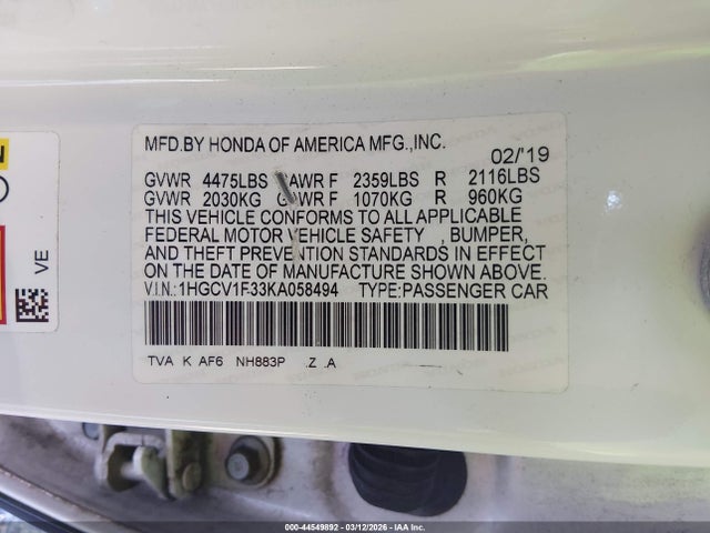 2019 HONDA ACCORD 1HGCV1F33KA058494 Photo 8