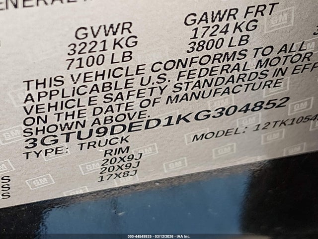 Продажа на аукционе авто 2019 Gmc Sierra 1500 Slt, vin: 3GTU9DED1KG304852, номер лота: 44549925