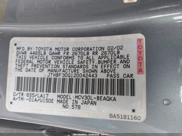 Продажа на аукционе авто 2002 Lexus Es 300, vin: JTHBF30G120042443, номер лота: 44549933