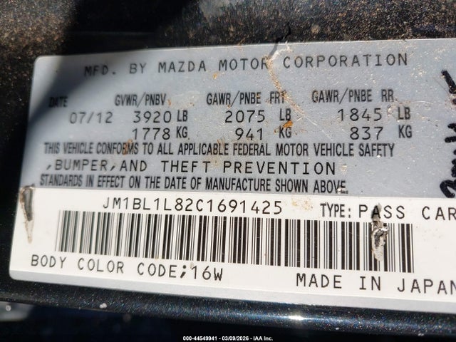 44549941 :رقم المزاد ، JM1BL1L82C1691425 vin ، 2012 Mazda Mazda3 I Touring مزاد بيع