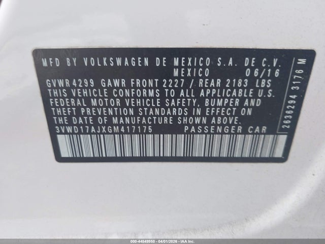 Aukcja sprzedaży 2016 Volkswagen Jetta 1.8t Sport, vin: 3VWD17AJXGM417175, numer aukcji: 44549950