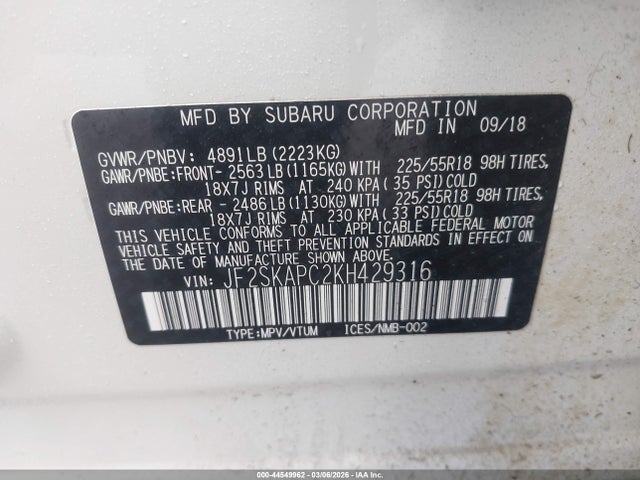 Aukcja sprzedaży 2019 Subaru Forester Sport, vin: JF2SKAPC2KH429316, numer aukcji: 44549962