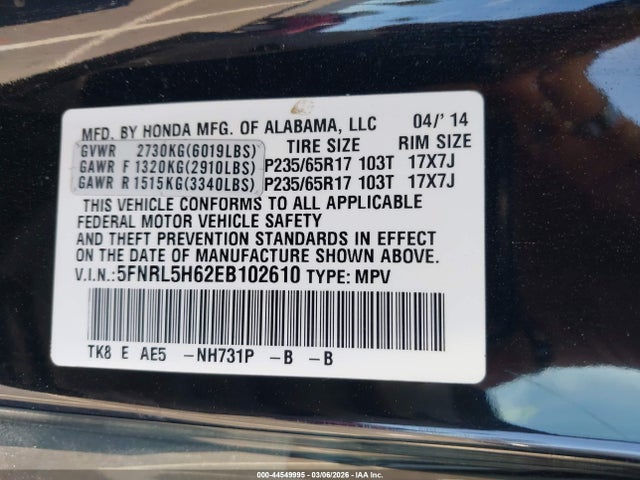 Honda Odyssey Ex-l 2014 5FNRL5H62EB102610 Image 9
