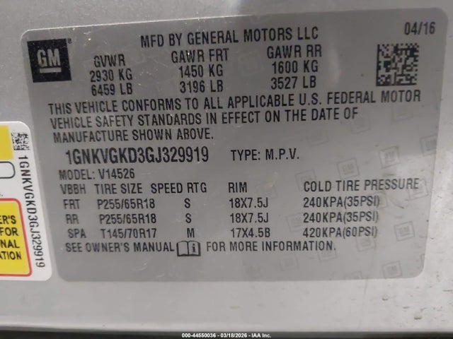 Chevrolet Traverse 1lt 2016 1GNKVGKD3GJ329919 Image 9