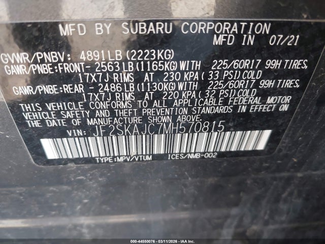 Продажа на аукционе авто 2021 Subaru Forester Premium, vin: JF2SKAJC7MH570815, номер лота: 44550076