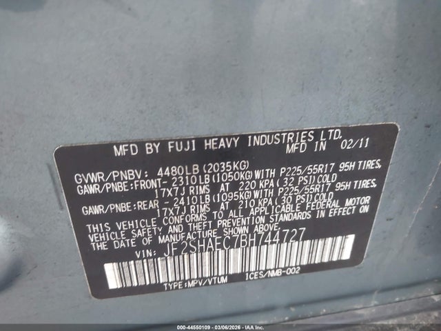 Aukcja sprzedaży 2011 Subaru Forester 2.5x Limited, vin: JF2SHAEC7BH744727, numer aukcji: 44550109
