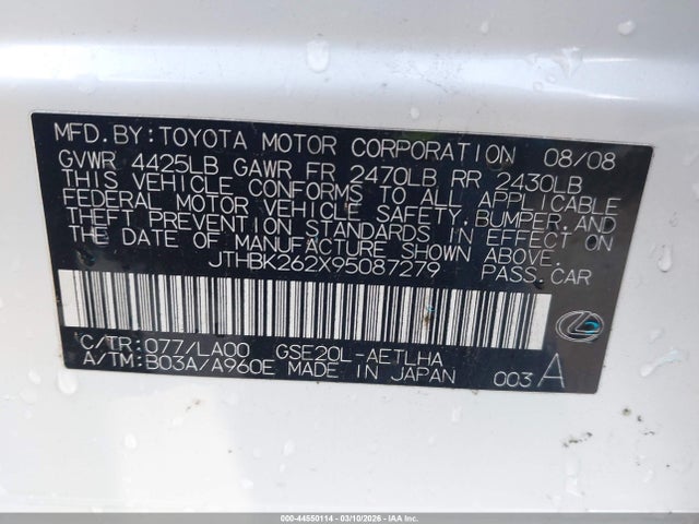 Продаж на аукціоні авто 2009 Lexus Is 250, vin: JTHBK262X95087279, номер лоту: 44550114