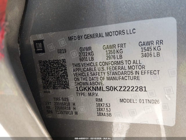 2019 Gmc Acadia Slt-1 მანქანა იყიდება აუქციონზე, vin: 1GKKNMLS0KZ222281, აუქციონის ნომერი: 44550131