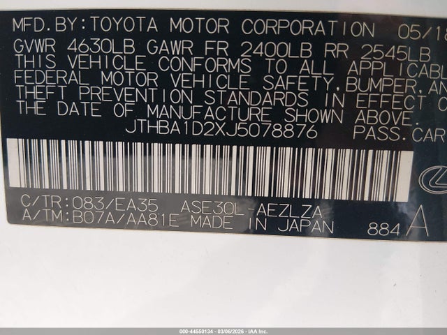 Продаж на аукціоні авто 2018 Lexus Is 300, vin: JTHBA1D2XJ5078876, номер лоту: 44550134