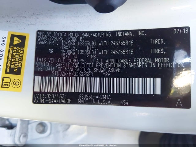 Toyota Highlander Se 2018 5TDJZRFH7JS539693 Image 9