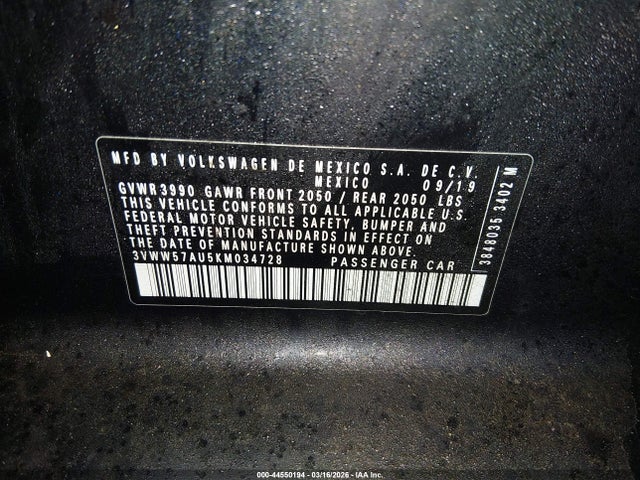 44550194 :رقم المزاد ، 3VWW57AU5KM034728 vin ، 2019 Volkswagen Golf 1.4t S/1.4t Se مزاد بيع