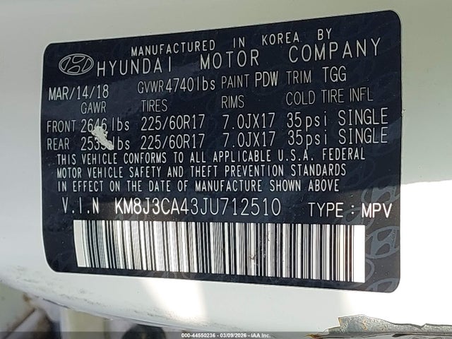 Aukcja sprzedaży 2018 Hyundai Tucson Sel, vin: KM8J3CA43JU712510, numer aukcji: 44550236