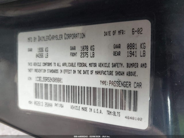 2002 Chrysler Sebring Lxi მანქანა იყიდება აუქციონზე, vin: 1C3EL55R52N309801, აუქციონის ნომერი: 44550243