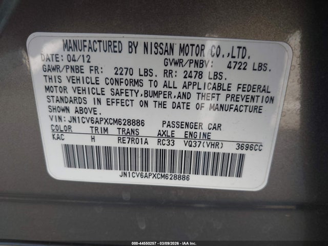44550257 :رقم المزاد ، JN1CV6APXCM628886 vin ، 2012 Infiniti G37 Journey مزاد بيع
