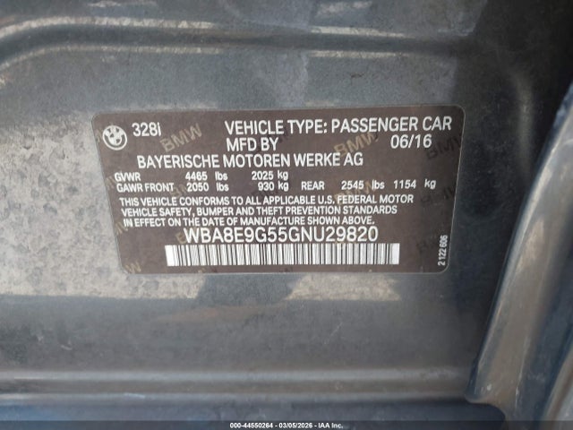 Продаж на аукціоні авто 2016 Bmw 328i, vin: WBA8E9G55GNU29820, номер лоту: 44550264