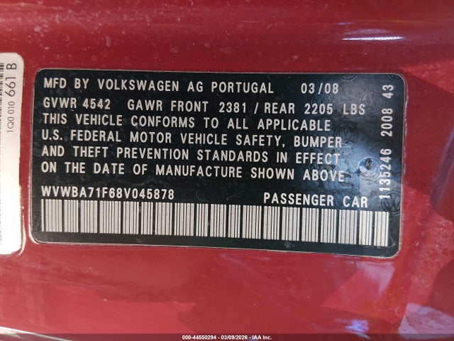 44550294 :رقم المزاد ، WVWBA71F68V045878 vin ، 2008 Volkswagen Eos Turbo/komfort مزاد بيع
