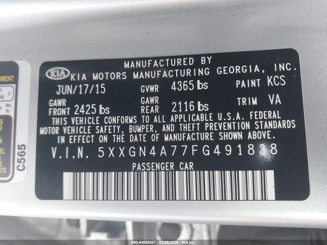 Продажа на аукционе авто 2015 Kia Optima Ex, vin: 5XXGN4A77FG491838, номер лота: 44550307