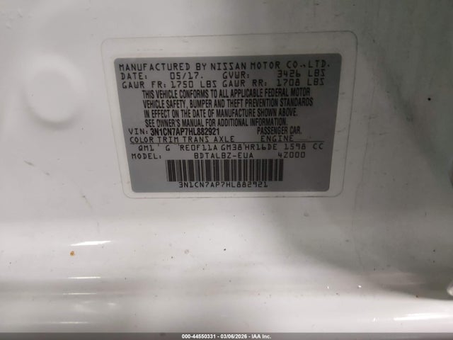 2017 Nissan Versa 1.6 Sv მანქანა იყიდება აუქციონზე, vin: 3N1CN7AP7HL882921, აუქციონის ნომერი: 44550331