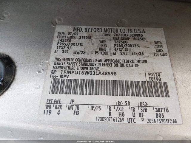 2003 Ford Expedition Xlt მანქანა იყიდება აუქციონზე, vin: 1FMPU16W03LA48598, აუქციონის ნომერი: 44550333