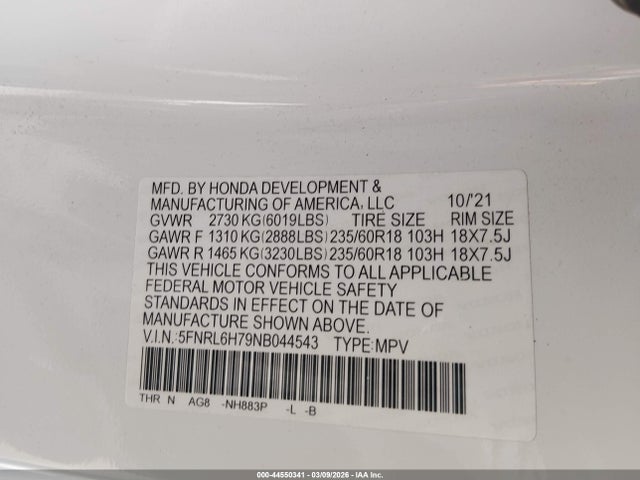 Aukcja sprzedaży 2022 Honda Odyssey Ex-l, vin: 5FNRL6H79NB044543, numer aukcji: 44550341