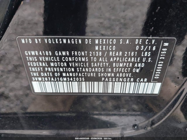 2016 Volkswagen Jetta 1.4t S მანქანა იყიდება აუქციონზე, vin: 3VW267AJ1GM342035, აუქციონის ნომერი: 44550349
