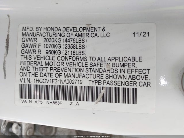 2022 Honda Accord Sport მანქანა იყიდება აუქციონზე, vin: 1HGCV1F31NA002719, აუქციონის ნომერი: 44550378