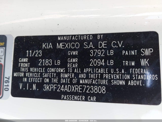 2024 Kia Forte Lxs მანქანა იყიდება აუქციონზე, vin: 3KPF24ADXRE723808, აუქციონის ნომერი: 44550395