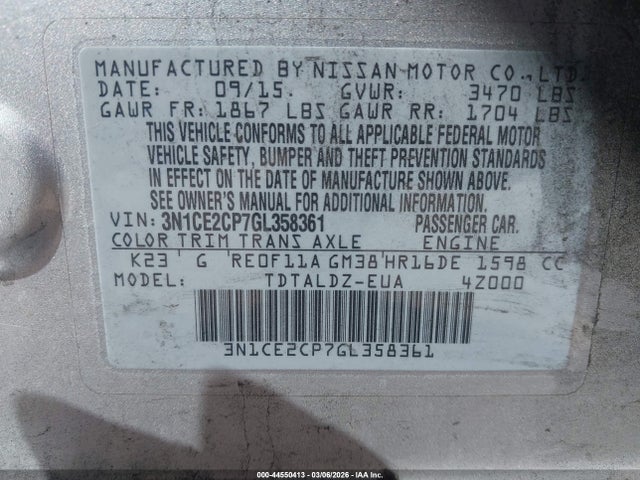 Nissan Versa Note S (sr)/s Plus/sl/sr/sv 2016 3N1CE2CP7GL358361 Image 9