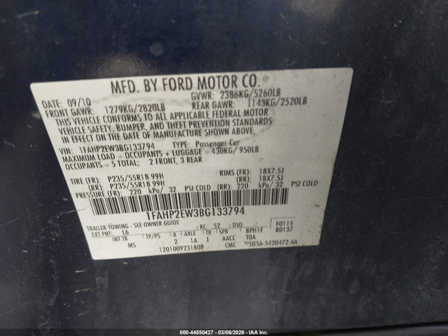 2011 FORD TAURUS 1FAHP2EW3BG133794 Photo 8