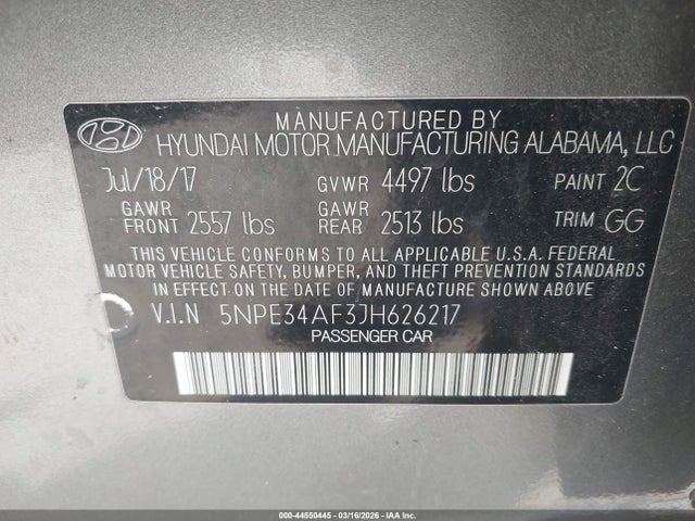 Продажа на аукционе авто 2018 Hyundai Sonata Sel, vin: 5NPE34AF3JH626217, номер лота: 44550445