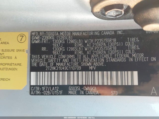 44550449 :رقم المزاد ، 2T2HK31U49C110709 vin ، 2009 Lexus Rx 350 مزاد بيع