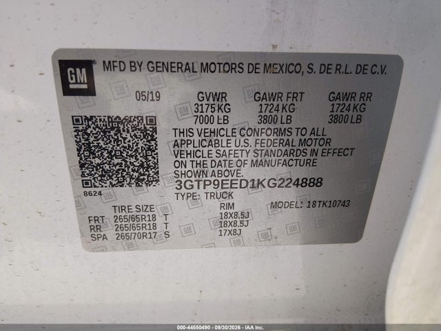 44550490 :رقم المزاد ، 3GTP9EED1KG224888 vin ، 2019 Gmc Sierra 1500 At4 مزاد بيع
