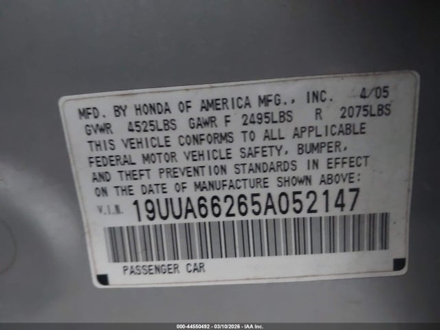 44550492 :رقم المزاد ، 19UUA66265A052147 vin ، 2005 Acura Tl مزاد بيع