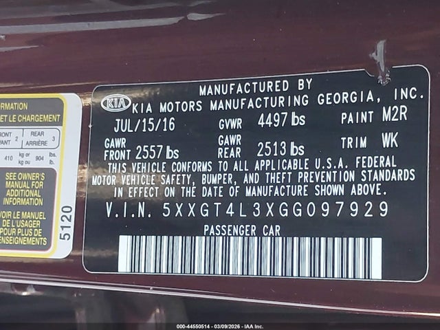 5XXGT4L3XGG097929 KIA Optima Lx