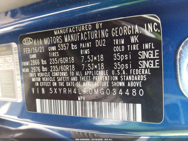 5XYRH4LF0MG034480 KIA SORENTO EX