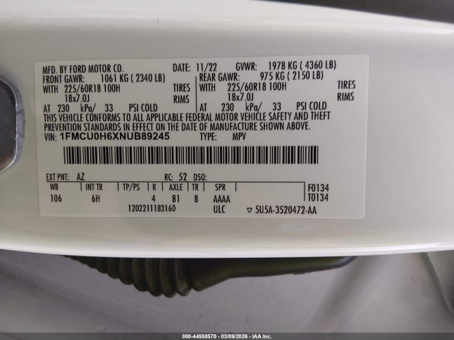 1FMCU0H6XNUB89245 Ford ESCAPE SEL