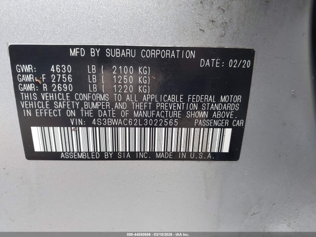 44550586 :رقم المزاد ، 4S3BWAC62L3022565 vin ، 2020 Subaru Legacy Premium مزاد بيع