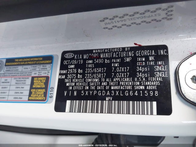 Продажа на аукционе авто 2020 Kia Sorento 2.4l Lx, vin: 5XYPGDA3XLG641598, номер лота: 44550636