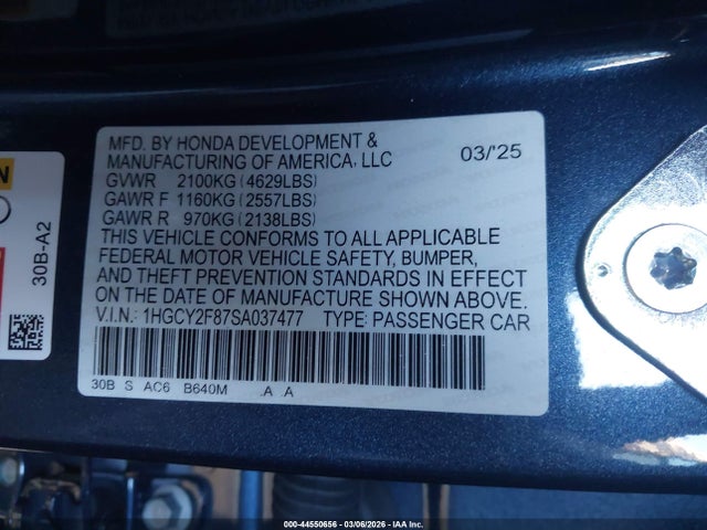 Aukcja sprzedaży 2025 Honda Accord Hybrid Touring, vin: 1HGCY2F87SA037477, numer aukcji: 44550656