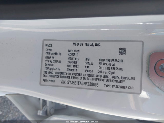 Продаж на аукціоні авто 2022 Tesla Model 3 Rear-wheel Drive, vin: 5YJ3E1EA5NF239655, номер лоту: 44550664