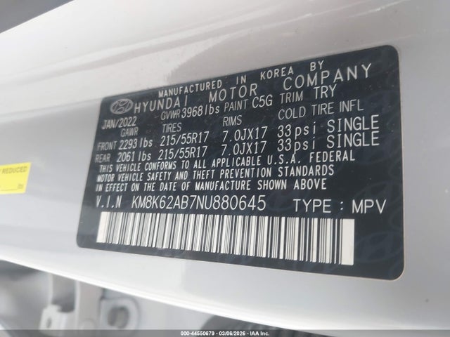 Продажа на аукционе авто 2022 Hyundai Kona Sel, vin: KM8K62AB7NU880645, номер лота: 44550679