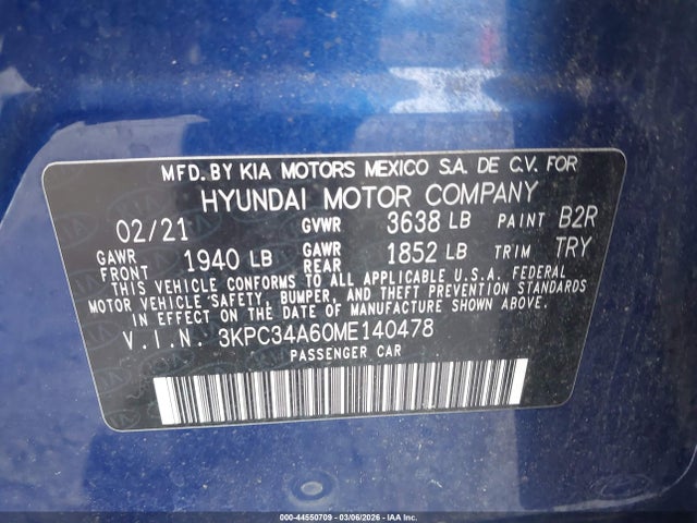 Продажа на аукционе авто 2021 Hyundai Accent Limited, vin: 3KPC34A60ME140478, номер лота: 44550709