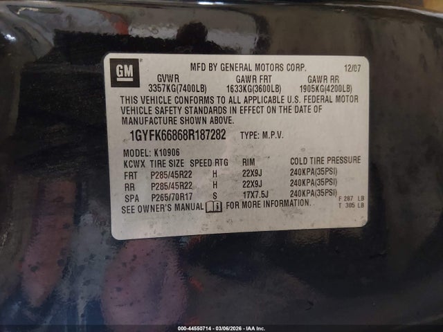 Aukcja sprzedaży 2008 Cadillac Escalade Esv Standard, vin: 1GYFK66868R187282, numer aukcji: 44550714