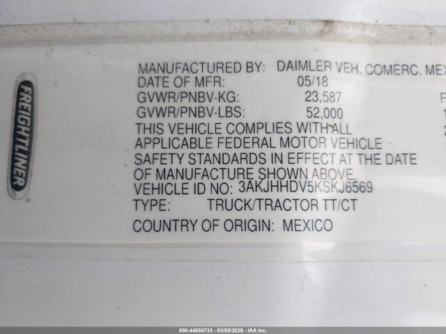 3AKJHHDV5KSKJ6569 Freightliner New Cascadia 126