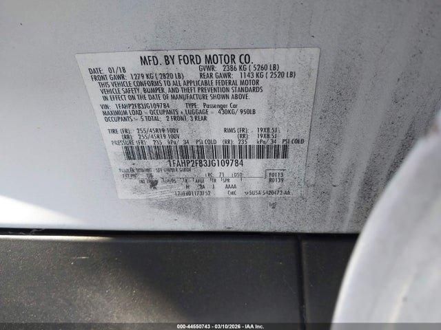 44550743 :رقم المزاد ، 1FAHP2F83JG109784 vin ، 2018 Ford Taurus Limited مزاد بيع