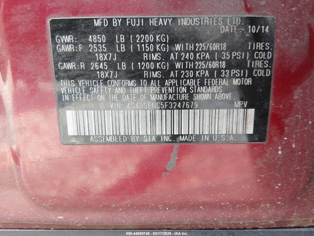 Продаж на аукціоні авто 2015 Subaru Outback 3.6r Limited, vin: 4S4BSENC5F3247679, номер лоту: 44550748