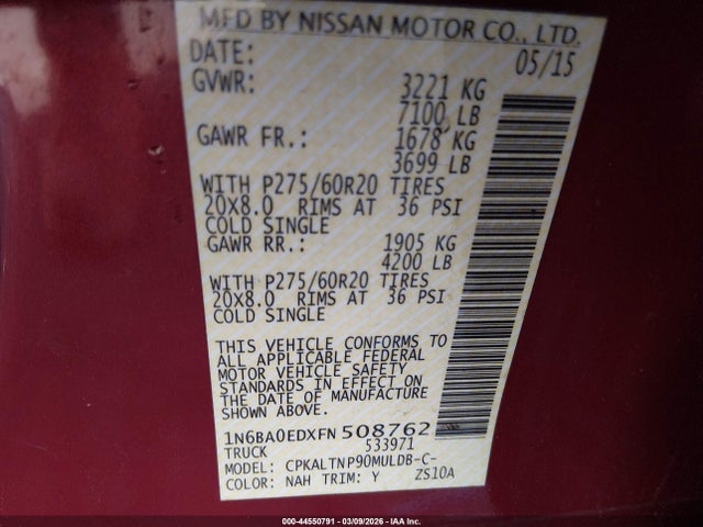 Aukcja sprzedaży 2015 Nissan Titan Sv, vin: 1N6BA0EDXFN508762, numer aukcji: 44550791